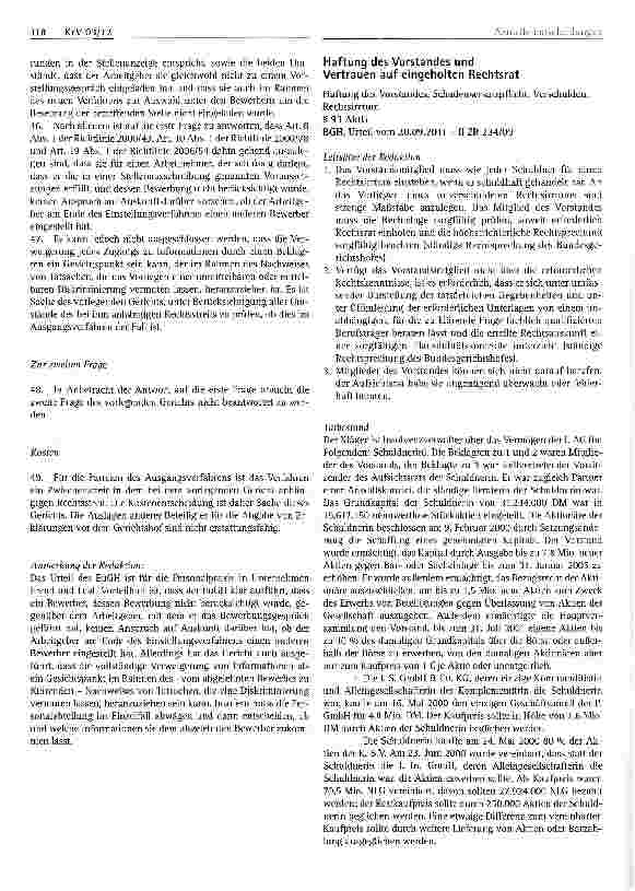 Vorschauseite 1: Haftung des Vorstandes und Vertrauen auf eingeholten Rechtsrat Haftung des Vorstandes, Schadensersatzpflicht, Verschulden, Rechtsirrtum
