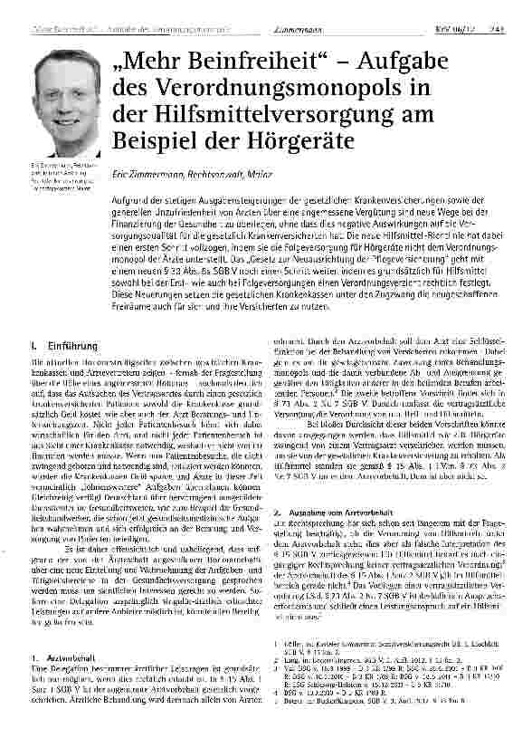 Vorschauseite 1: „Mehr Beinfreiheit - Aufgabe des Verordnungsmonopols in der Hilfsmittelversorgung am Beispiel der Hörgeräte