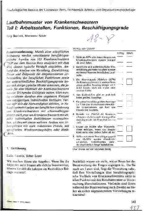 Vorschauseite 1: Laufbahnmuster von Krankenschwestern Teil I: Arbeitsstellen, Funktionen; Beschäftigungsgrade