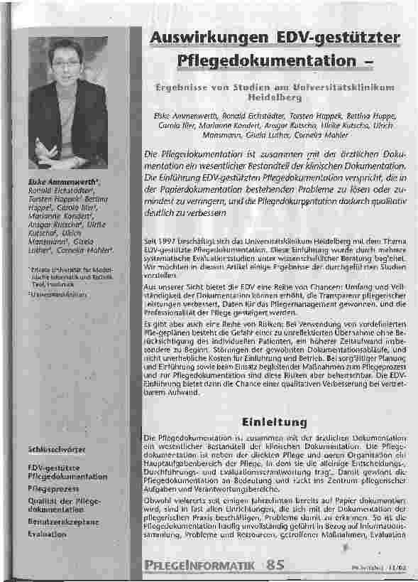 Vorschauseite 1: Auswirkungen EDV-gestützter Pflegedokumentation Ergebnisse von Studien am Universitätsklinikum Heidelberg