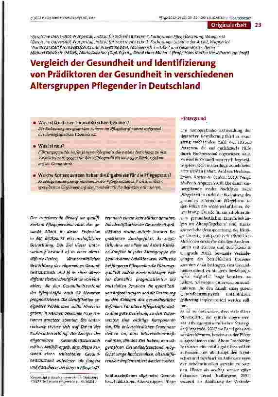 Vorschauseite 1: Vergleich der Gesundheit und Identifizierung von Prädiktoren der Gesundheit in verschiedenen Altersgruppen Pflegender in Deutschland