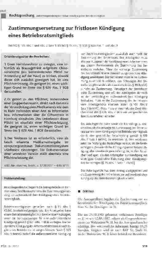 Vorschauseite 1: Zustimmungsersetzung zur fristlosen Kündigung eines Betriebsratsmitglieds BetrVG § 103 Abs. 1 und Abs. 2 Satz 1; KSchG § 15 Abs. 1; BGB § 626 Abs. 1 und Abs. 2