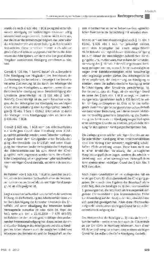 Vorschauseite 5: Zustimmungsersetzung zur fristlosen Kündigung eines Betriebsratsmitglieds BetrVG § 103 Abs. 1 und Abs. 2 Satz 1; KSchG § 15 Abs. 1; BGB § 626 Abs. 1 und Abs. 2