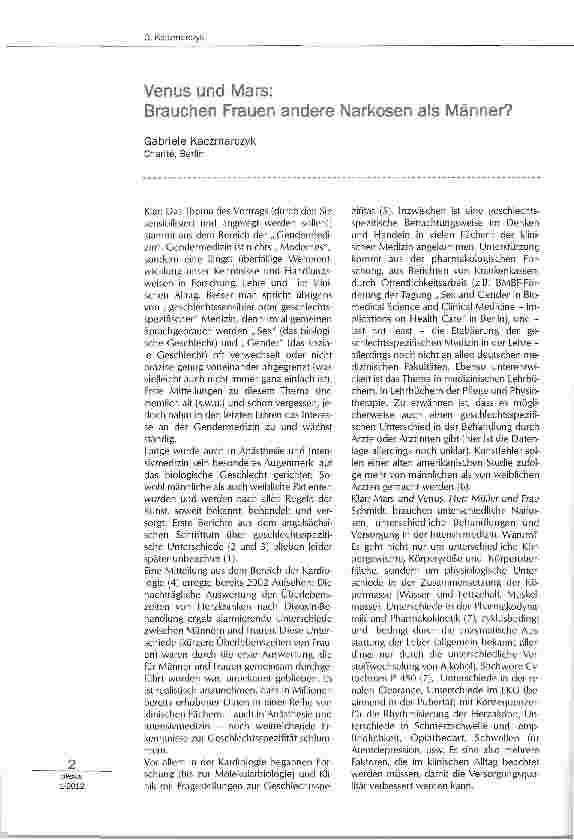 Vorschauseite 1: Vensu und Mars: Brauchen Frauen andere Narkosen als Männer?