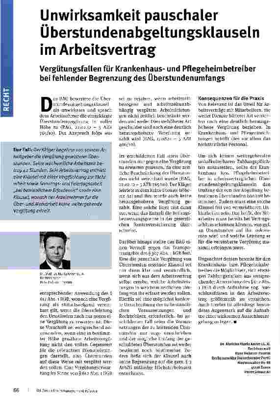 Vorschauseite 1: Unwirksamkeit pauschaler Überstundenabgeltungsklauseln im Arbeitsvertrag