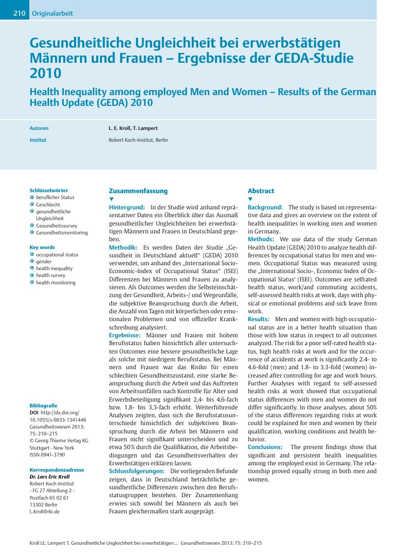 Vorschauseite 1: Gesundheitliche Ungleichheit bei erwerbstätigen Männern und Frauen – Ergebnisse der GEDA-Studie 2010