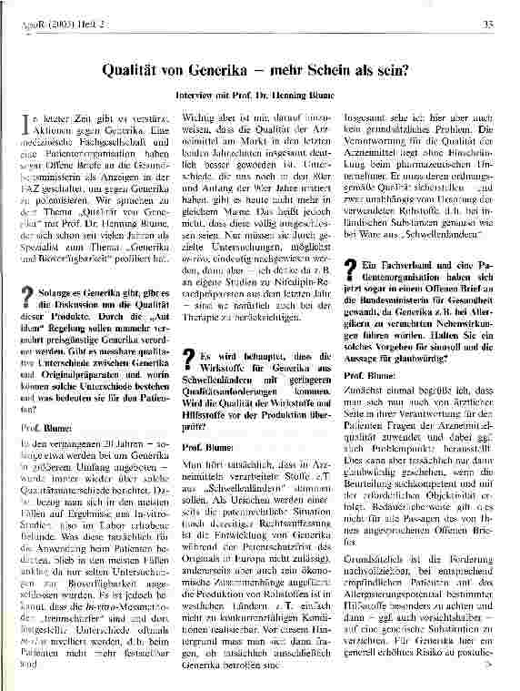 Vorschauseite 1: Qualität von Generika - mehr Schein als Sein? Interview mit Prof. Dr. Henning Blume