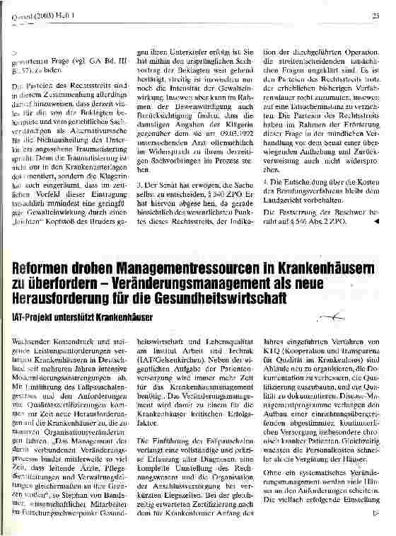 Vorschauseite 1: Reformen drohen Managementressourcen in Krankenhäusern zu überfordern Veränderungsmanagement als neue Herausforderung für die Gesundheitswirtschaft