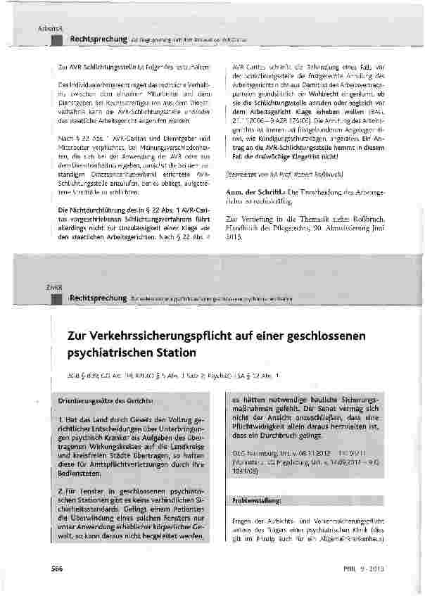 Vorschauseite 1: Zur Verkehrssicherungspflicht auf einer geschlossenen psychiatrischen Station