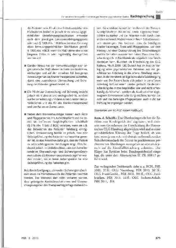 Vorschauseite 6: Zur Verkehrssicherungspflicht auf einer geschlossenen psychiatrischen Station