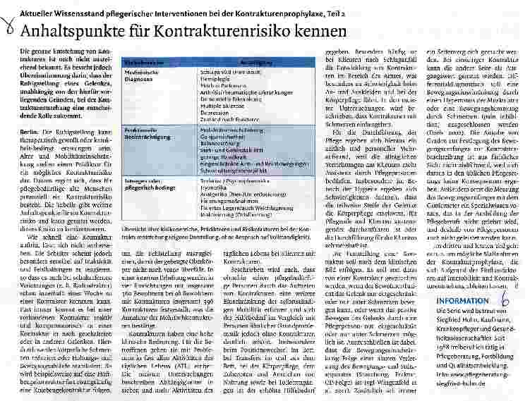 Vorschauseite 1: Aktueller Wissensstand pflegerischer Interventionen bei der Kontrakturenprophylaxe, Teil 2 Anhaltspunkte für Kontrakturenrisiko kennen