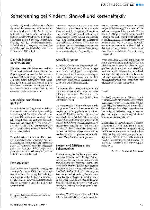 Vorschauseite 1: Sehscreening bei Kindern: Sinnvoll und kosteneffektiv