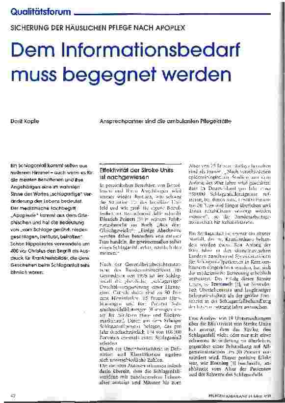 Vorschauseite 1: Dem Informationsbedarf muss begegnet werden Sicherung der Häuslichen Pflege nach Apoplex