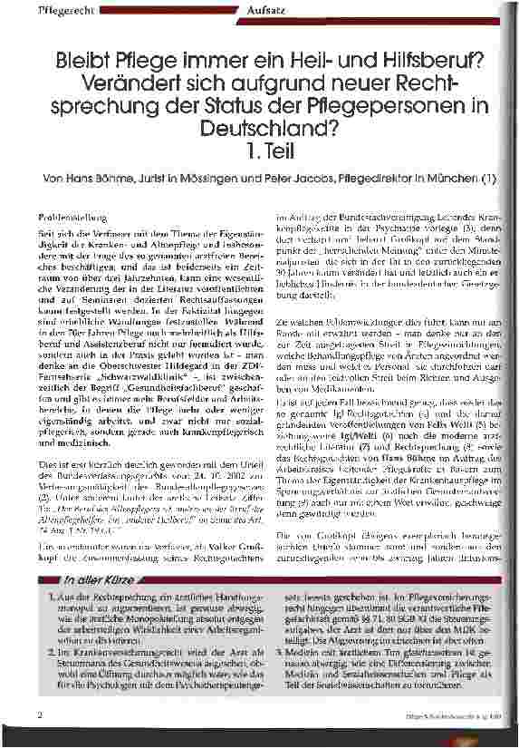 Vorschauseite 1: Bleibt Pflege immer ein Heilund Hilfsberuf? Verändert sich aufgrund neuer Rechtsprechung der Status der Pflegepersonen in Deutschland? - 1. Teil