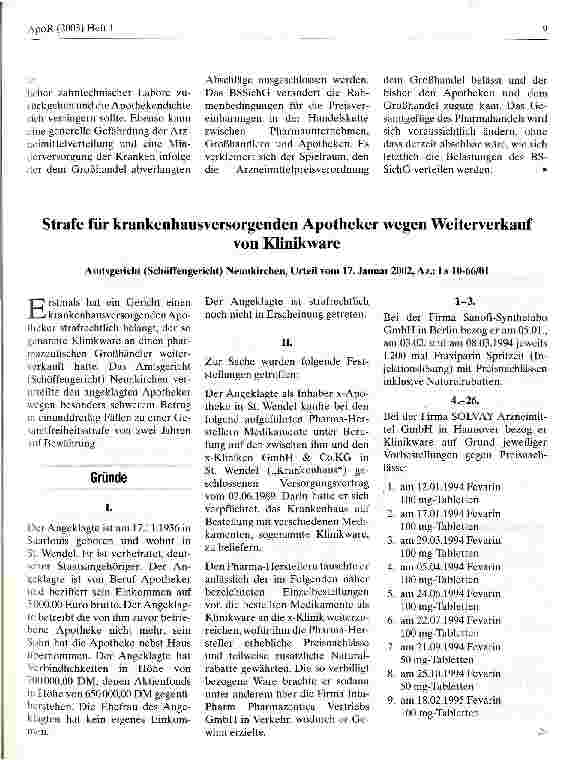Vorschauseite 1: Strafe für krankenhausversorgenden Apotheker wegen Weiterverkauf von Klinikware Amtsgericht Neunkirchen, Urteil vom 17. Januar 2002