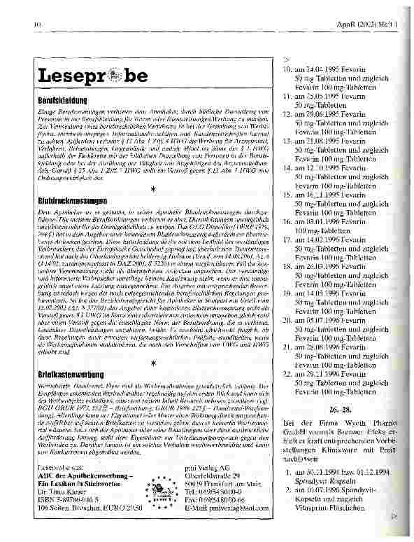 Vorschauseite 2: Strafe für krankenhausversorgenden Apotheker wegen Weiterverkauf von Klinikware Amtsgericht Neunkirchen, Urteil vom 17. Januar 2002
