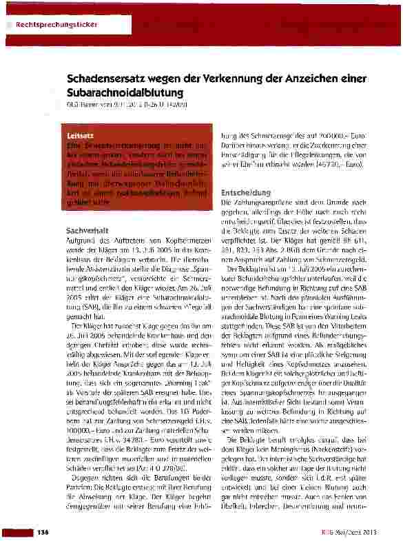 Vorschauseite 1: Schadensersatz wegen der Verkennung der Anzeichen einer SubarachnoidalblutungOLG Hamm vom 9.11.2012 (1-26 U 142/09)
