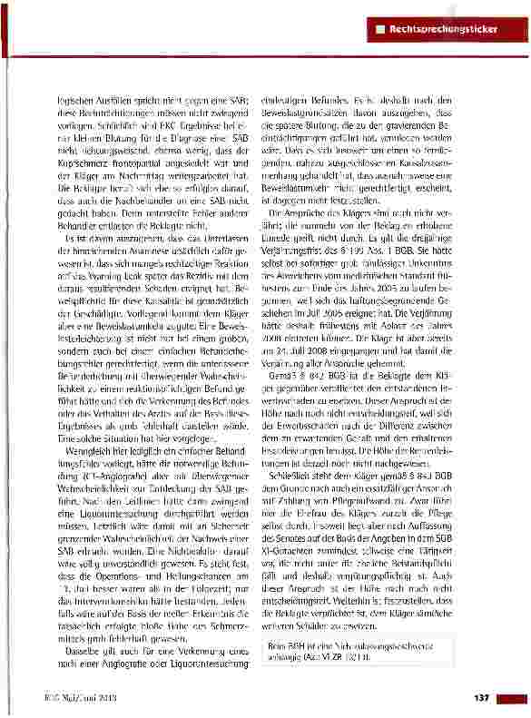Vorschauseite 2: Schadensersatz wegen der Verkennung der Anzeichen einer SubarachnoidalblutungOLG Hamm vom 9.11.2012 (1-26 U 142/09)