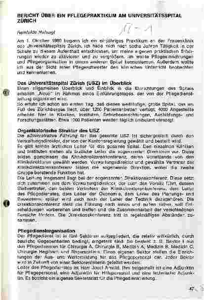 Vorschauseite 1: Bericht über ein Pflegepraktikum am Universitätsspital Zürich
