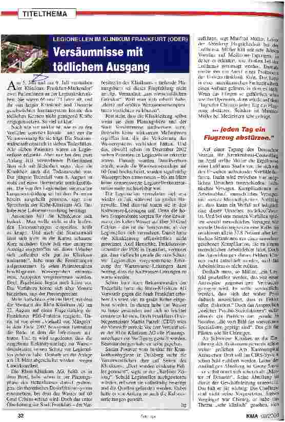 Vorschauseite 1: Versäumnisse mit tödlichem Ausgang Legionellen im Klinikum Frankfurt (Oder)