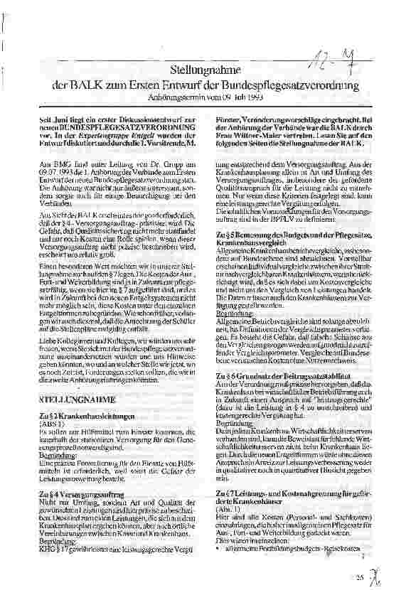 Vorschauseite 1: Stellungnahme der BALK zum Ersten Entwurf der Bundespflegesatzverordnung Anhörungstermin vom 9.7.93
