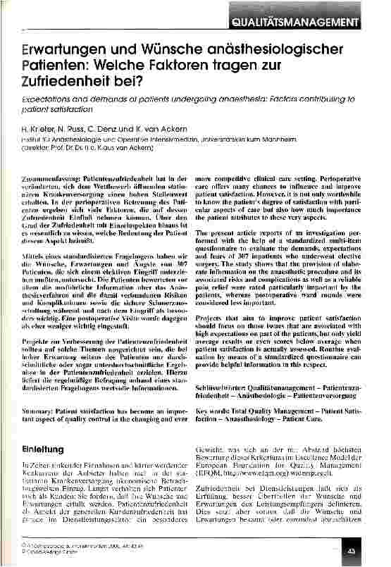 Vorschauseite 1: Erwartungen und Wünsche anästhesiologischer Patienten Welche Faktoren tragen zur Zufriedenheit bei?