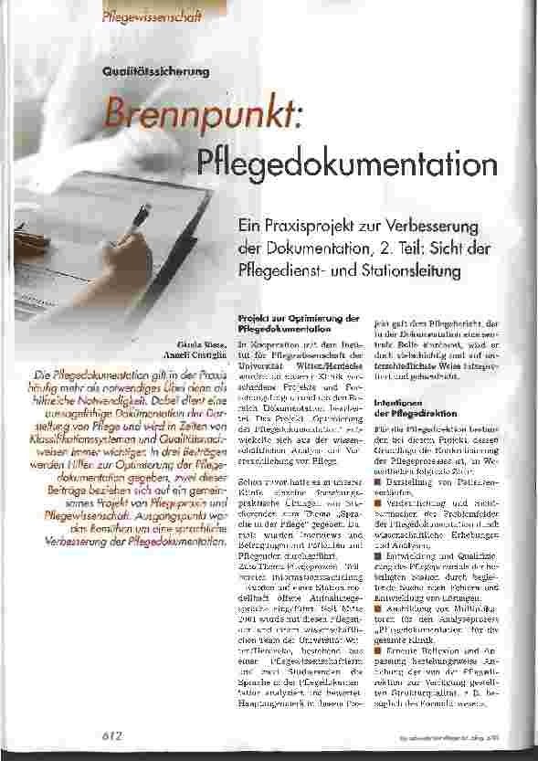 Vorschauseite 1: Brennpunkt: Pflegedokumentation Ein Praxisprojekt zur Verbesserung der Dokumentation, 2. Teil: Sicht der Pflegedienstund Stationsleitung