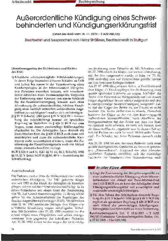 Vorschauseite 1: Außerordentliche Kündigung eines Schwerbehinderten und Kündigungserklärungsfrist