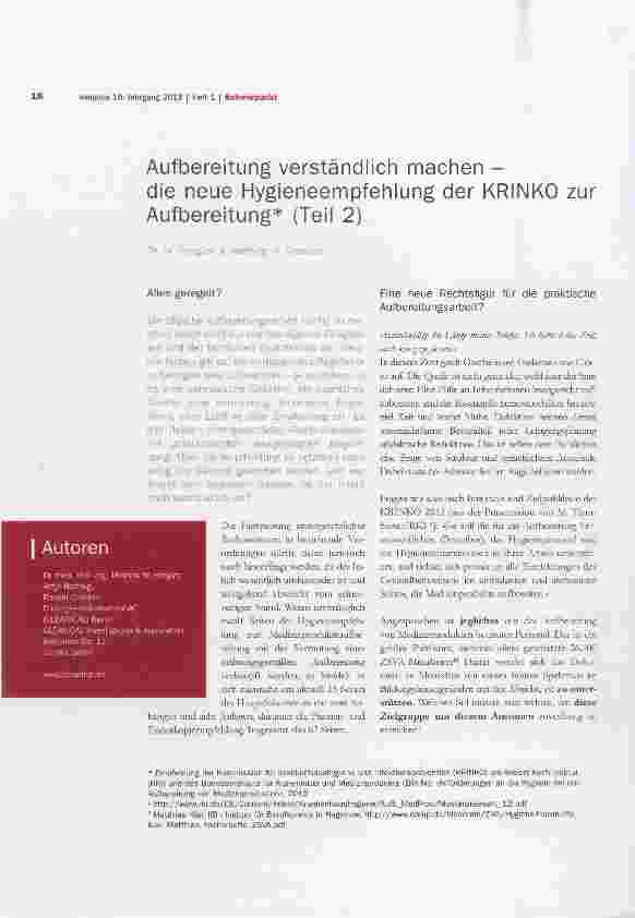 Vorschauseite 1: Aufbereitung verständlich machen -die neue Hygieneempfehlung der KRINKO zur Aufbereitung (Teil 2)