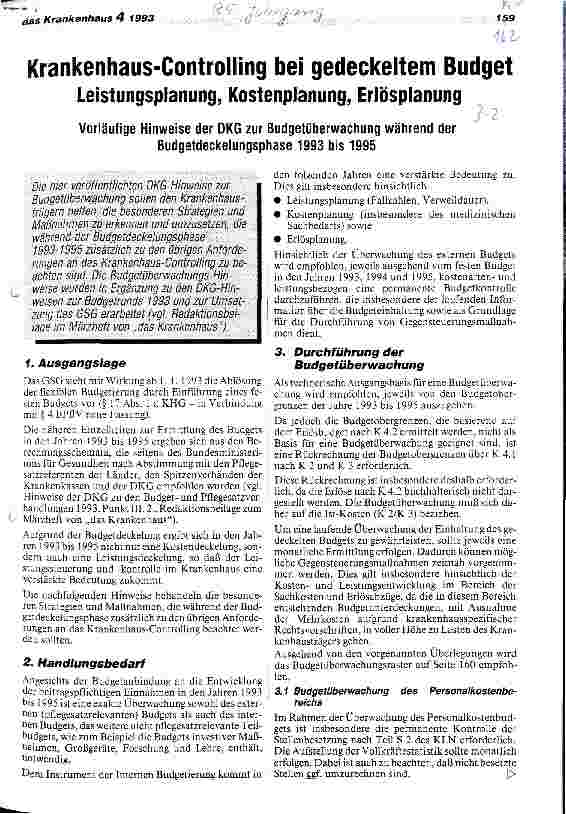 Vorschauseite 1: Krankenhaus-Controlling bei gedeckeltem Budget; Leistungs-, Kosten-, Erlösplanung; Vorläufige Hinweise der Deutschen Krankenhausgesellschaft zur zur Budgetüberwachung 93-95