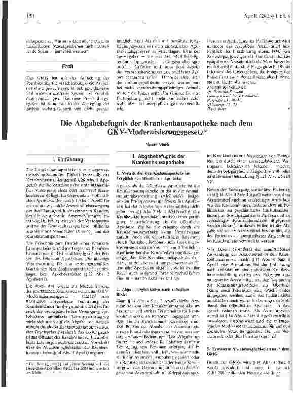 Vorschauseite 1: Die Abgabebefugnis der Krankenhausapotheke nach dem GKV-Modernisierungsgesetz