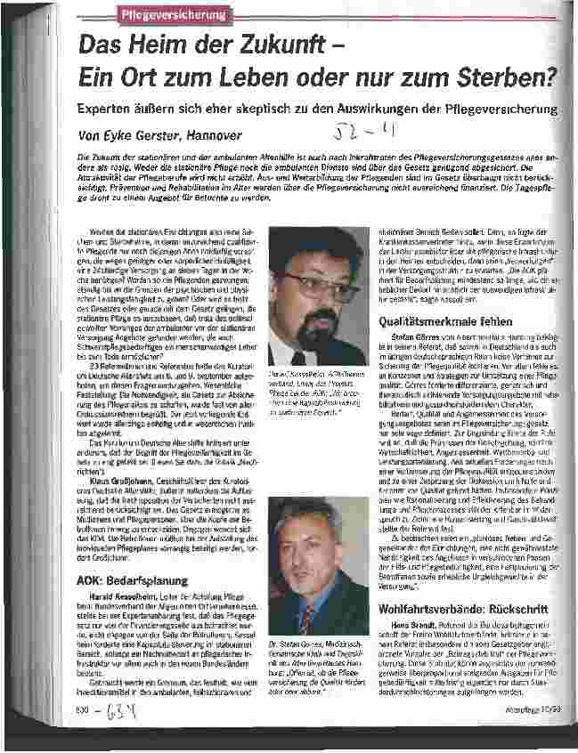 Vorschauseite 1: Das Heim der Zukunft - Ein Ort zum Leben oder nur zum Sterben? Experten äußern sich skeptisch zu d. Auswirkungen d. Pflegeversicherung