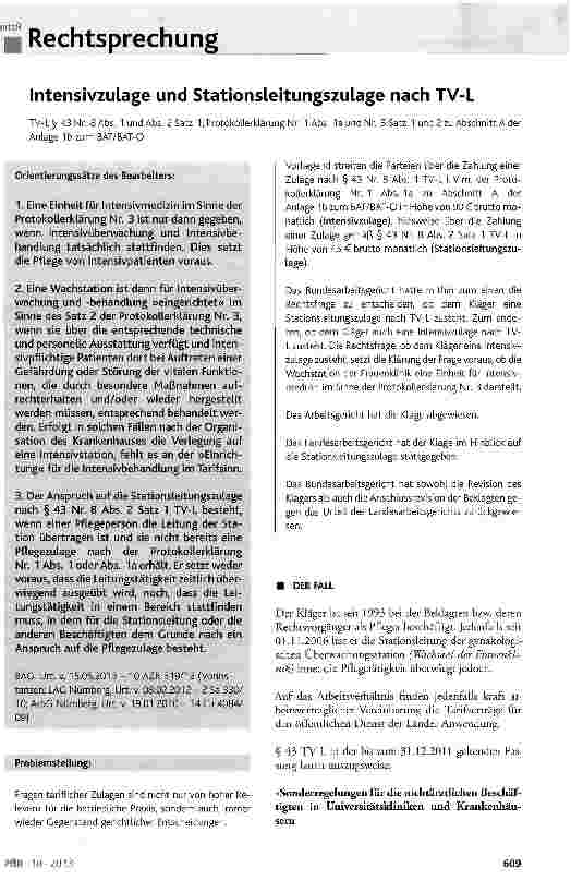 Vorschauseite 1: Intensivzulage und Stationsleitungszulage nach TV-L TV-L§ 43 Nr. 8 Abs. 1 und Abs. 2 Satz 1; Protokollerklärung Nr. 1 Abs. 1a und Nr. 3 Satz 1 und 2 zu Abschnitt Ader Anlage 1b zu…