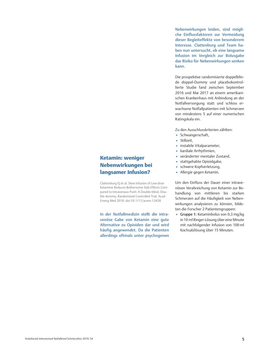 Vorschauseite 1: Ketamin: weniger Nebenwirkungen bei langsamer Infusion?