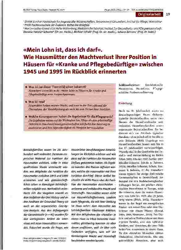 Vorschauseite 1: «Mein Lohn ist, dass ich darf». Wie Hausmütter den Machtverlust ihrer Position in Häusern für «Kranke und Pflegebedürftige» zwischen 1945 und 1995 im Rückblick erinnerten