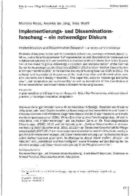 Vorschauseite 1: Implementierungsund Disseminations-forschung - ein notwendiger Diskurs