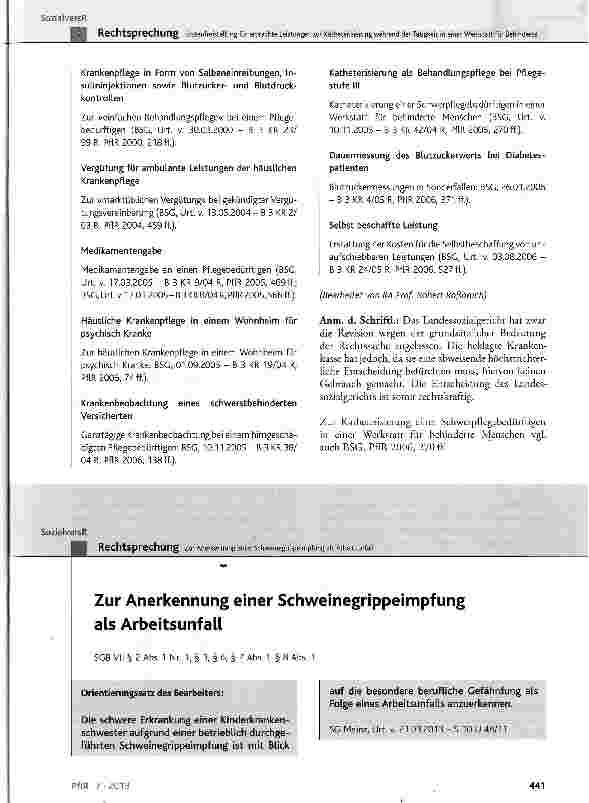 Vorschauseite 1: Zur Anerkennung einer Schweinegrippeimpfung als Arbeitsunfall