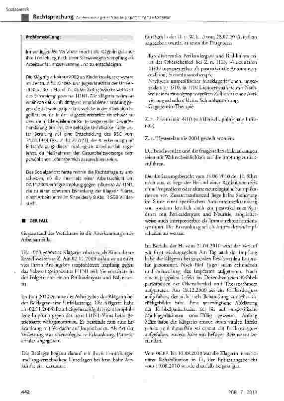 Vorschauseite 2: Zur Anerkennung einer Schweinegrippeimpfung als Arbeitsunfall