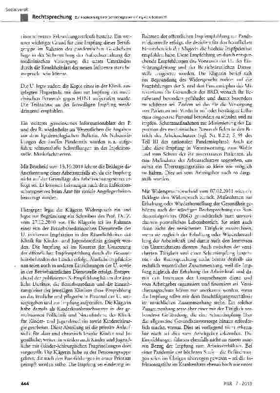Vorschauseite 4: Zur Anerkennung einer Schweinegrippeimpfung als Arbeitsunfall