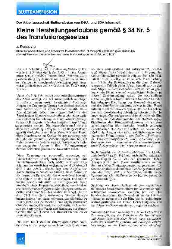 Vorschauseite 1: Kleine Herstellungserlaubnis gemäß § 34 Nr. 5 des Transfusionsgesetzes