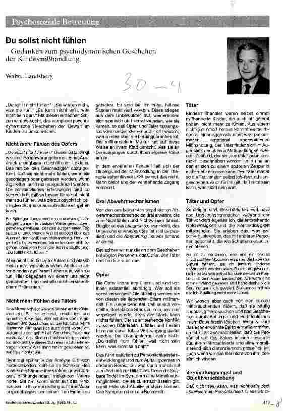 Vorschauseite 1: Du sollst nicht fühlen Gedanken zum psychodynamischen Geschehen der Kindesmißhandlung