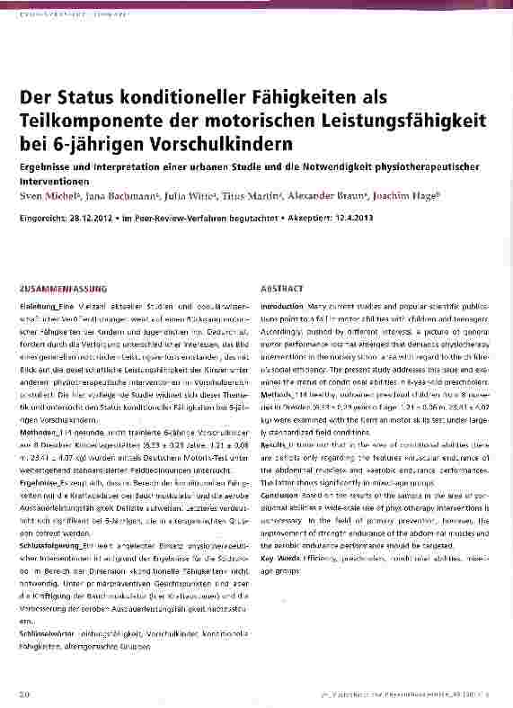 Vorschauseite 1: Der Status konditioneller Fähigkeiten als Teilkomponente der motorischen Leistungsfähigkeit bei 6-jährigen Vorschulkindern