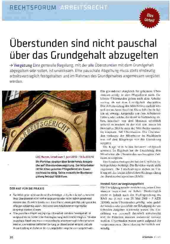 Vorschauseite 1: Überstunden sind nicht pauschal über das Grundgehalt abzugelten