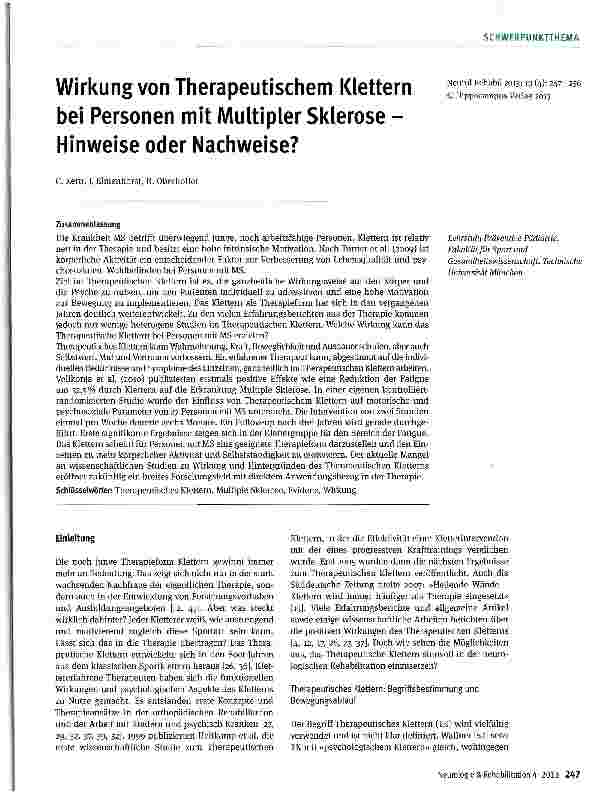 Vorschauseite 1: Wirkung von Therapeutischem Klettern bei Personen mit Multipler Sklerose -Hinweise oder Nachweise?
