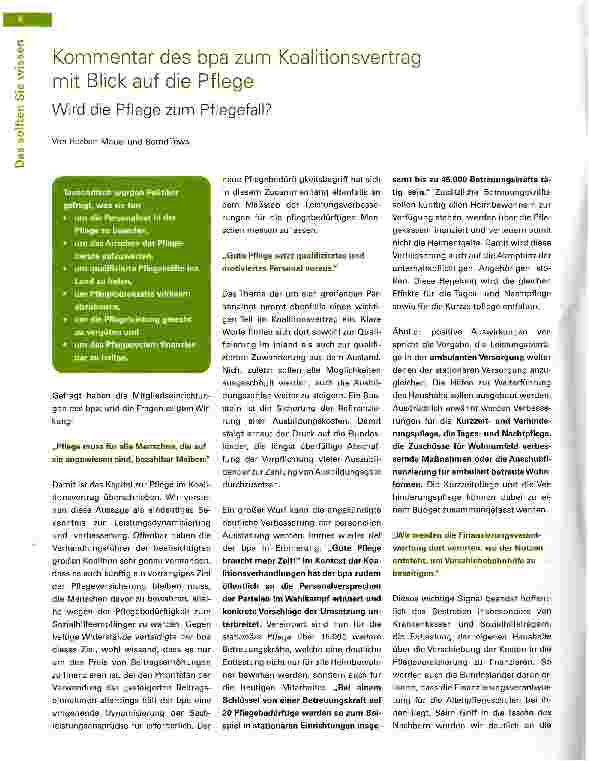 Vorschauseite 1: Kommentar des bpa zum Koalitionsvertrag mit Blick auf die Pflege