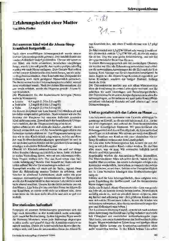 Vorschauseite 1: Die Ahorn-Sirup-Krankheit Erfahrungsbericht einer Mutter