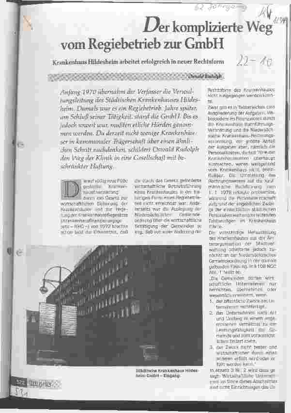Vorschauseite 1: Der komplizierte Weg vom Regiebetrieb zur GmbH Krankenhaus Hildesheim arbeitet erfolgreich in neuer Rechtsform