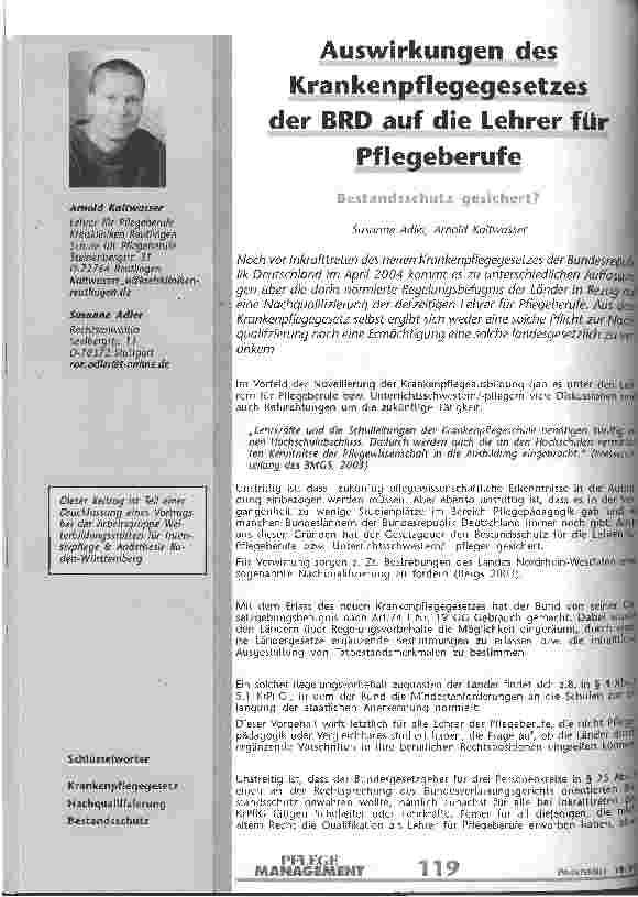 Vorschauseite 1: Auswirkungen des Krankenpflegegesetzes der BRD auf die Lehrer für Pflegeberufe Bestandsschutz geischert?