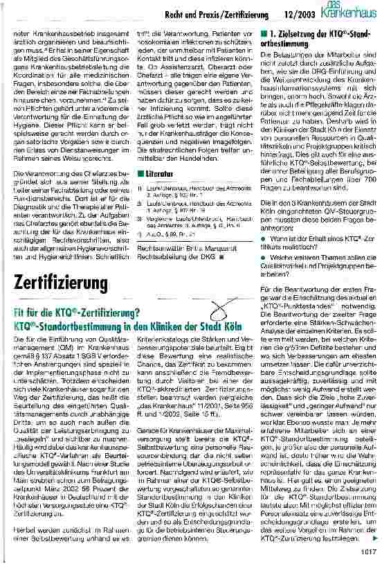 Vorschauseite 1: Fit für die KTQ-Zertifizierung? KTQ-Standortbestimmung in den Kliniken der Stadt Köln