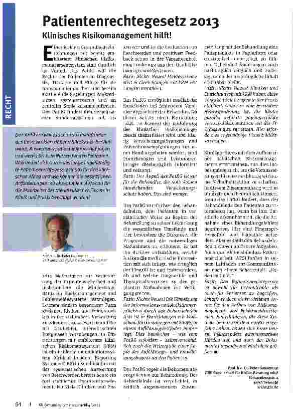 Vorschauseite 1: Patientenrechtegesetz 2013 Klinisches Risikomanagement hilft!